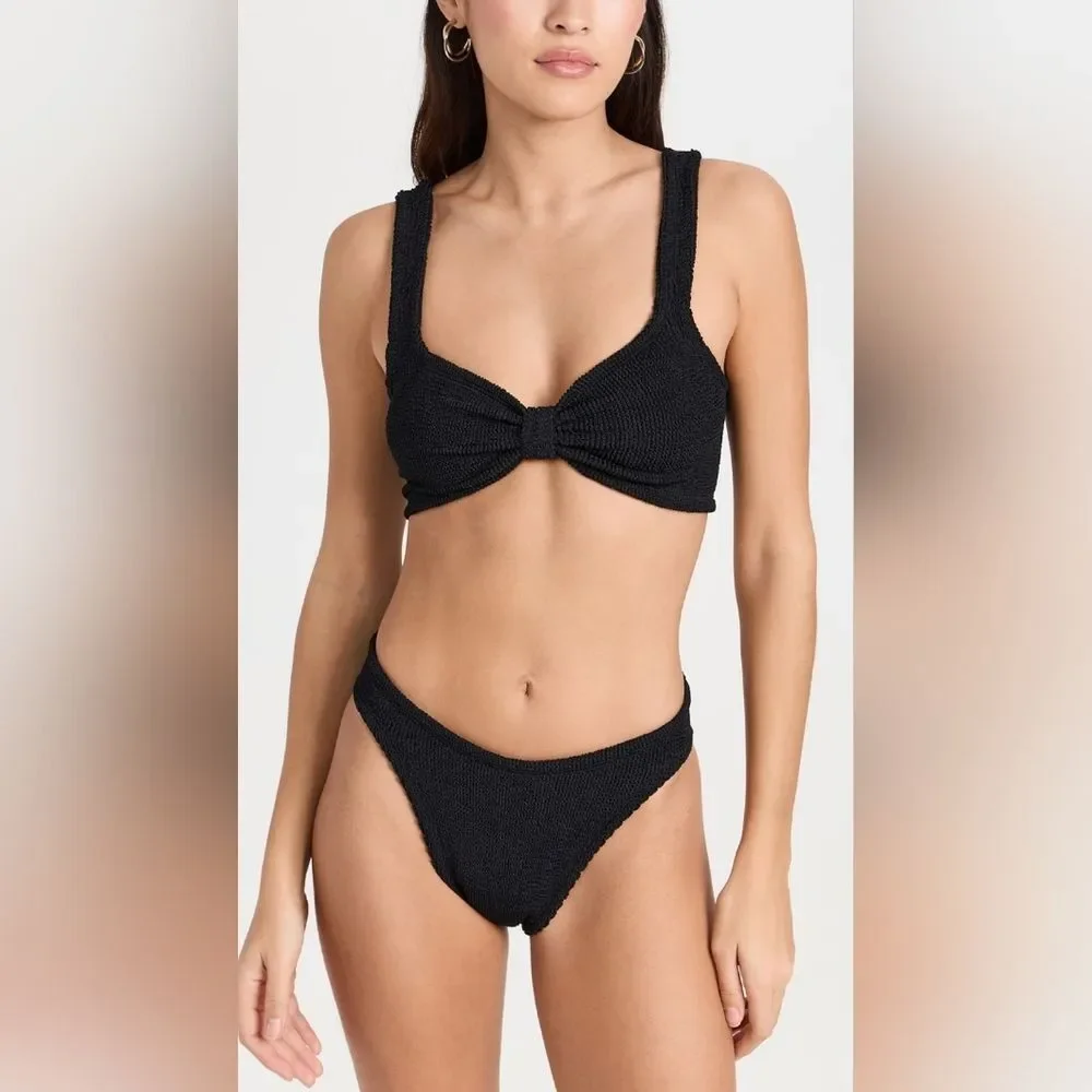 HUNZA G Bonnie Metallic Seersucker Bikini Black Textured Swimwear One-Size